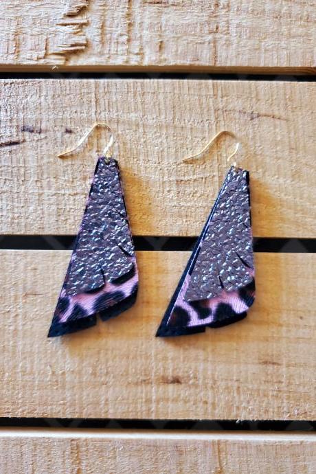 Layered Leather Earrings, Leopard Print Stacked Earrings, Pink Leopard Earrings, Rose Gold Nugget, Pink and Black Earrings, Boho Earrings