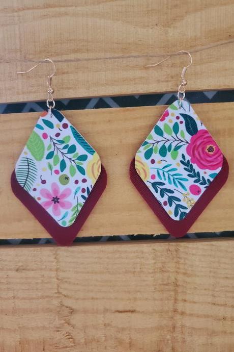 Floral Leather Layered Earrings, Maroon Leather Earrings, Diamond Shaped Earrings, Floral Jewelry, Maroon Jewelry, Layered Earrings, Boho