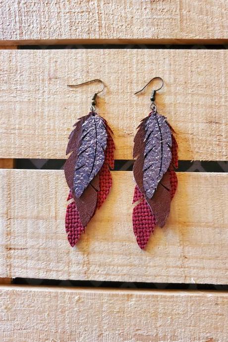 Triple Layered Feather Earrings, Distressed Leather Earrings, Wine Red Brown and Bronze Earrings, Statement Earrings, Long Earrings, Gift