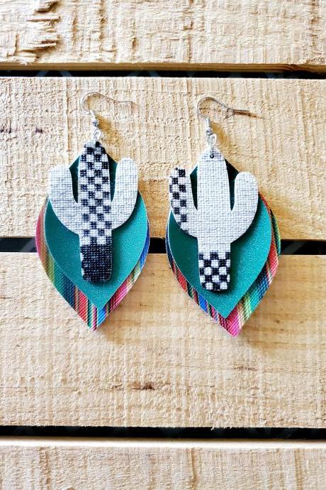 Aztec Leather Earrings, Serape Leather Earrings, Tribal Earrings, Boho Earrings, Bohemian Jewelry, Tribal Jewelry, Fine Glitter Earrings