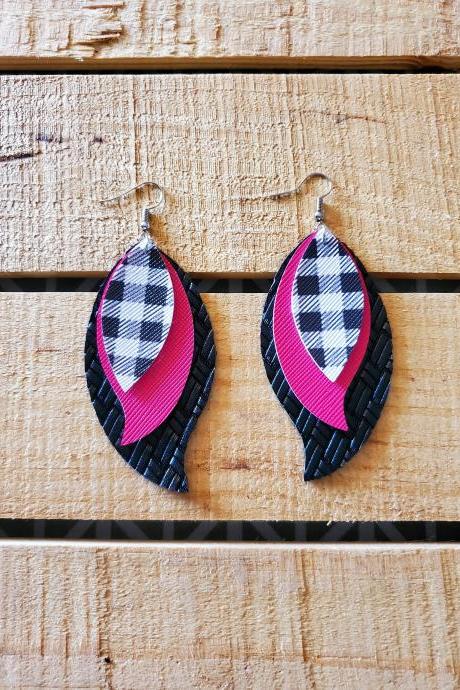 Pink and Black Leather Earrings, Triple Layered Feather Earrings, Buffalo Plaid Leather Earrings, Pink Plaid Jewelry, Boho Chic Faux Leather