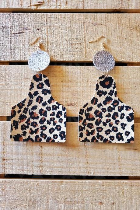 Leopard Print Cow Tag Leather Earrings, Animal Print Ranch Earrings, Beige Western Jewelry, Womans Gift, Boho Earrings, Cattle Tag Earrings