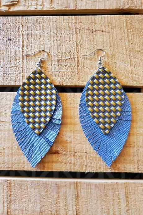 Blue Leather Fringe Earrings, Large Tassel Earrings, Handmade Layered Feather Earrings, Rustic Boho Jewelry, Fringe Blue Gold Earrings, Gift