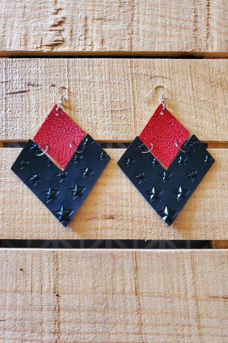 Fall Leather Earrings, Red and Black Jewelry, Distressed Leather Earrings, Metallic Earrings, Holiday Jewelry, Womans Gift, Rustic Boho Chic