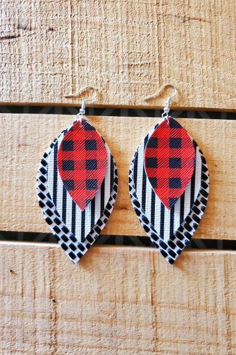 Buffalo Plaid Leather Earrings, Red Black and White Earrings, Buffalo Check Leather, Triple Layer Leather Earrings, Leaf Shape Earrings,