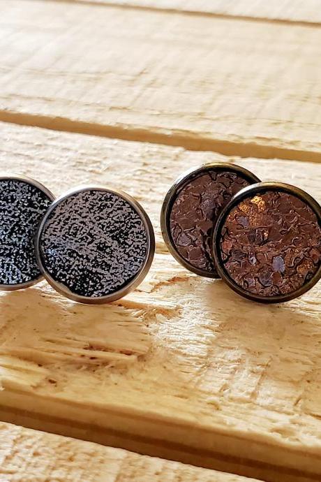 Distressed Leather Stud Earrings, Silver and Copper Post Earrings, Distressed Silver Post Earrings, Crackle Copper Stud Leather Earrings