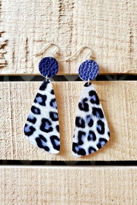 Blue Leopard Leather Earrings, Animal Print Bar Earrings, Angled Bar Leather Jewelry, Leopard Print Earrings, Womans Gift, Gift For Her