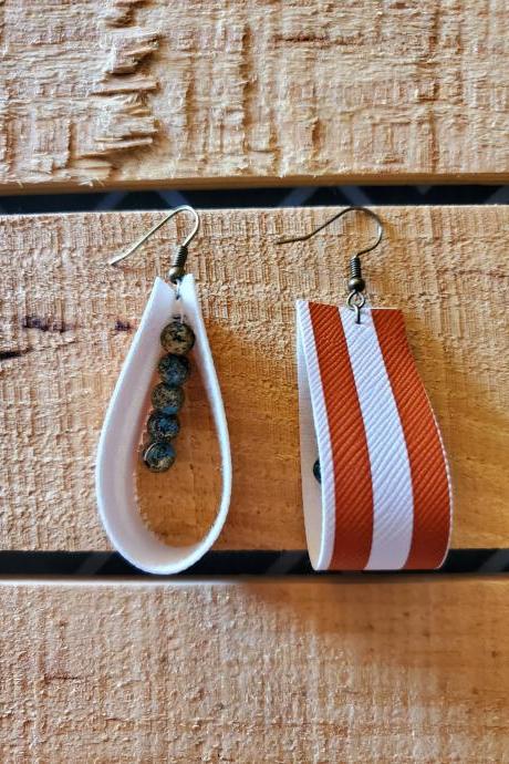 Striped Leather Rope Earrings, Leather Dangle Earrings, Game Day Earrings, Turquoise Beads, Burnt Orange and White Earrings, Striped Jewelry