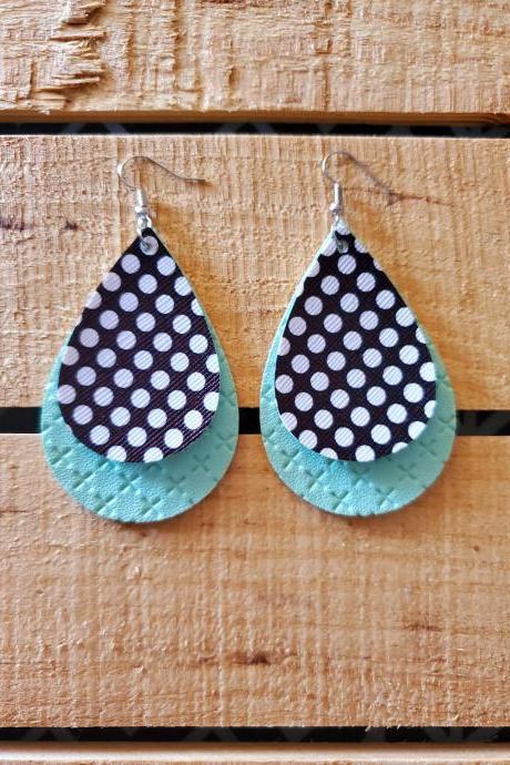 Black And White Polka Dot Leather Earrings, Mint Green Criss Cross Earrings, Stacked Leather Earrings, Layered Earrings, Trendy Earrings,