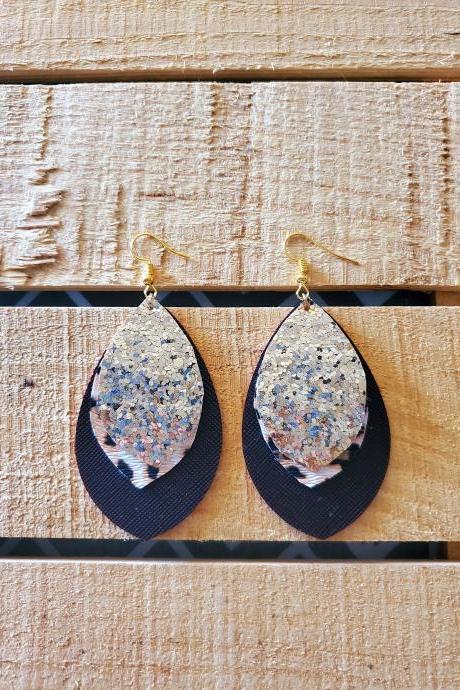 Leopard Leather Earrings, Black Leather Earrings, Glitter Earrings, Animal Print Leather Earrings, Stacked Layered Earrings, Leather Jewelry