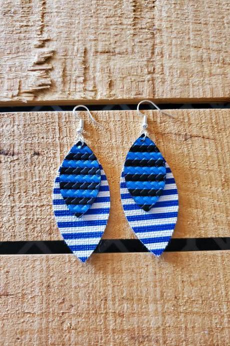 Blue and White Striped Leather Earrings, Blue and White Leather Earrings, Trendy Leather Earrings, Statement Earrings, Layered Earrings