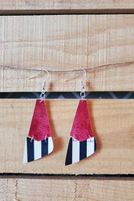 Metallic Red and Black Striped Leather Earrings, Split Leather Earrings, Hinged Leather Jewelry, Womans Gift, Boho Chic Leather Earrings