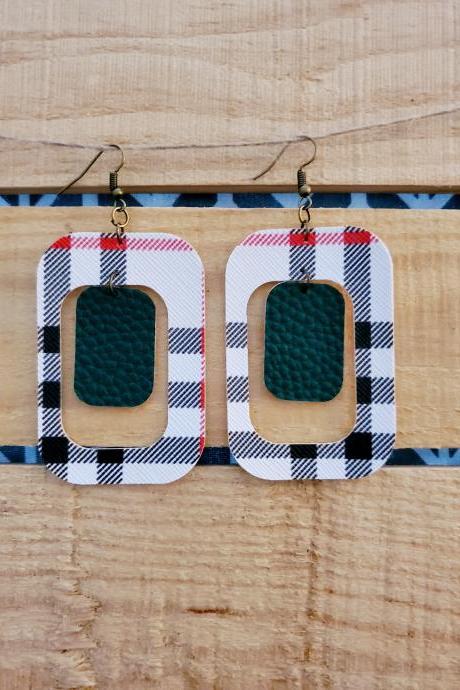 Black White Plaid Leather Earrings, Red Striped Earrings, Rectangle Earrings, Green Earrings, Boho Rustic Earrings, Gift for Her, Boho Chic