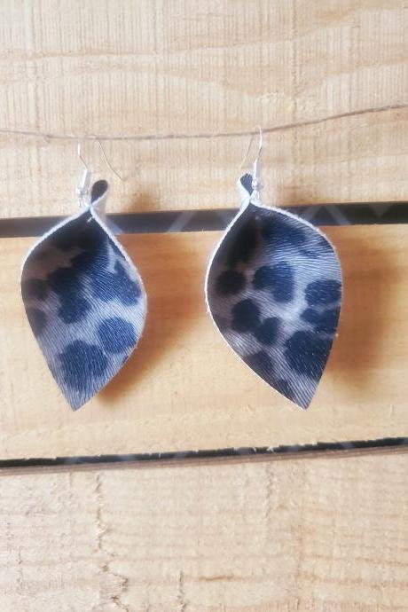 Gray Leopard Leather Earrings, Pinched Leaf Earrings, Leopard Dangles, Leather Petal Earrings, Pinched Earrings, Animal Print Dangles, Leaf