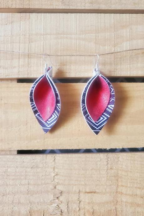 Tribal Pinched Earrings, Aztec Pinched Leaf Earrings, Aztec Leather Leaf Earrings, Black White Red Leather Leaf Earrings, Aztec Boho Rustic