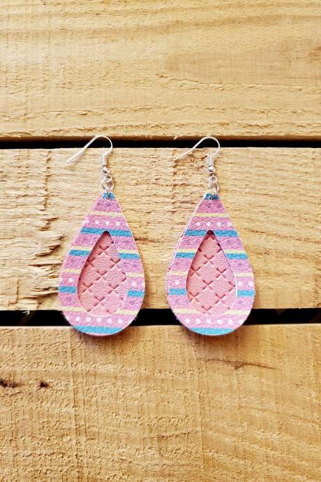 Pink Leather Earrings, Striped Earrings, Double Layer Earrings, Pink Blue Earrings, Womans Gift, Lightweight Earrings, Trendy Jewelry, Boho