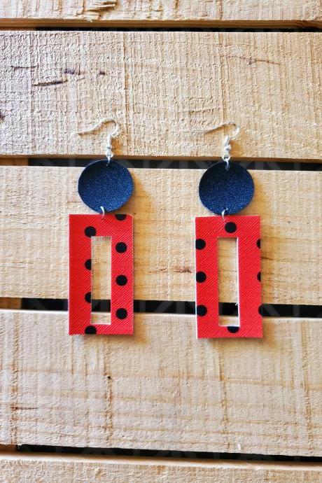 Red and Black Polka Dot Leather Earrings, Rectangle Earrings, Red and Black Earrings, Womans Gift, Fall Jewelry, Christmas Present, Dangles