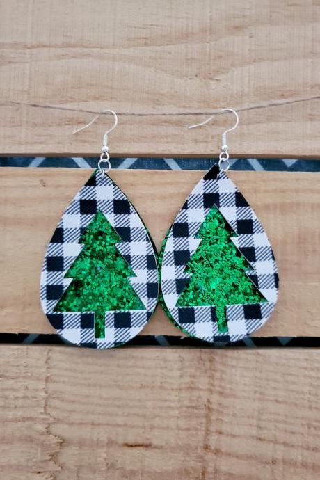 Christmas Leather Earrings, Glitter Earrings, Sparkly Glitter Jewelry, Buffalo Plaid Earrings, Teardrop Dangle Jewelry, Green Earrings