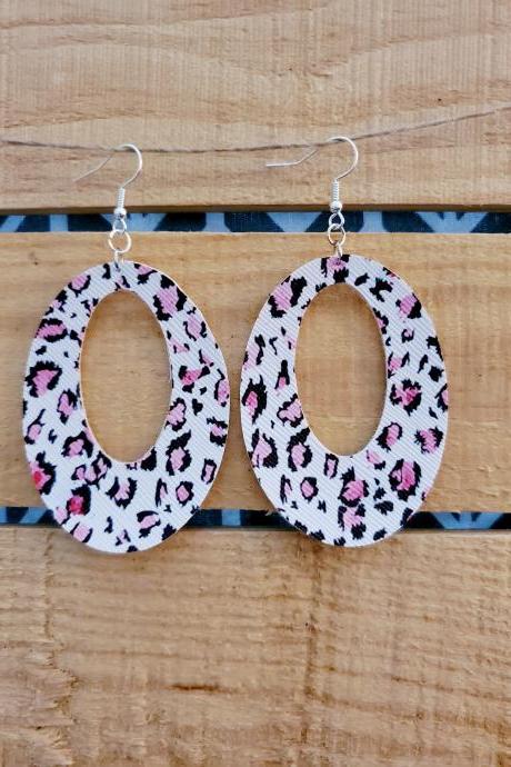 Pink Leopard Print Leather Earrings, Oval Leather Earrings, Leopard Leather Earrings, Statement Earrings, Womans Gift, Lightweight Earrings